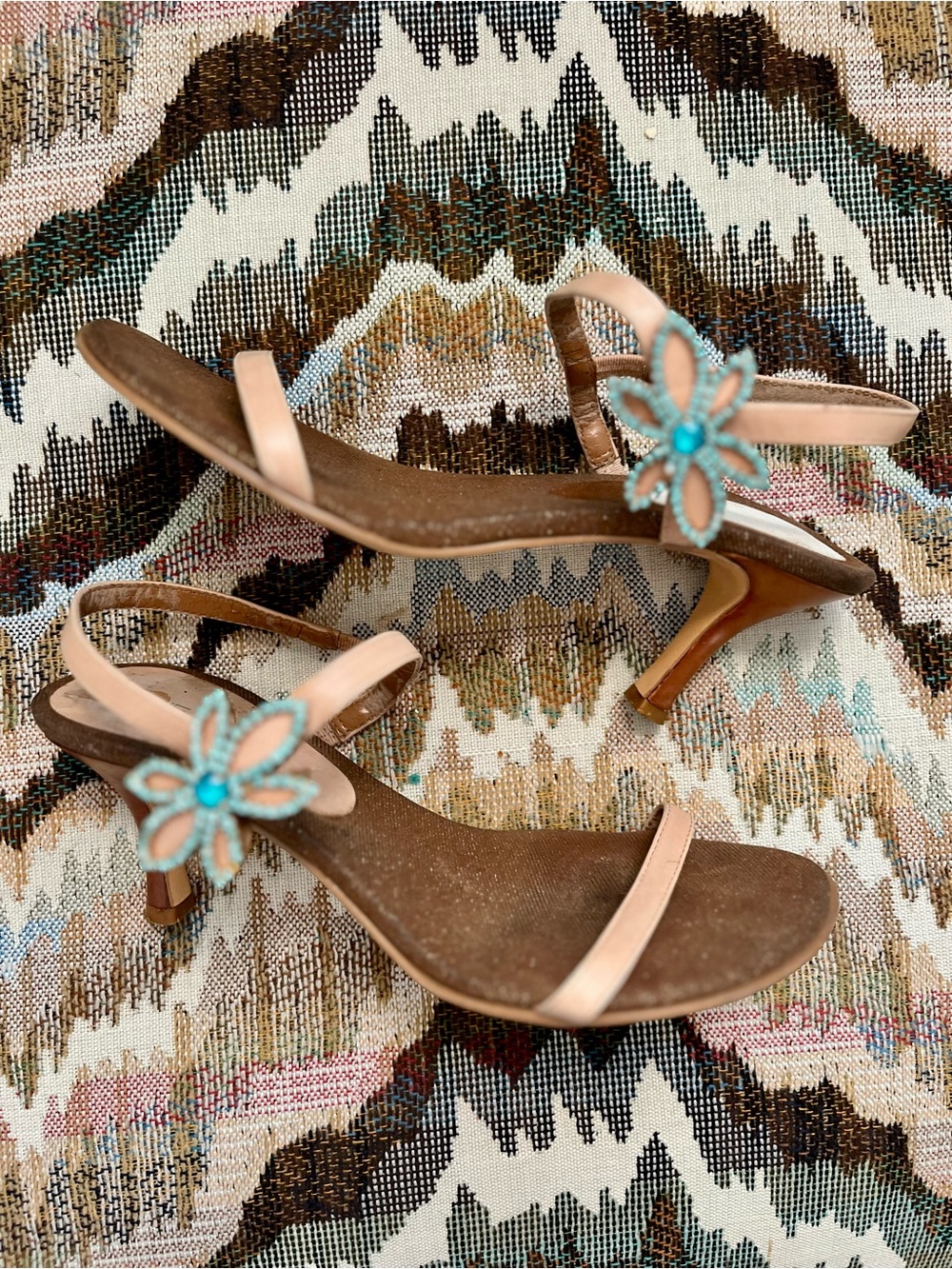 Nine West Pink Strap Heeled Sandals with Turquoise Flower Accent